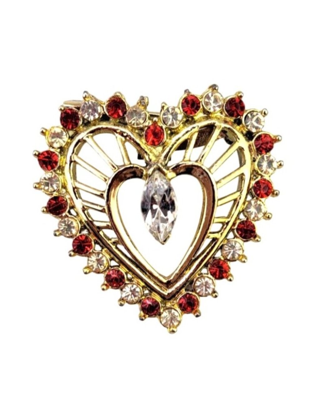 Vintage Heart-Shaped Gold Tone Rhinestone Brooch Red & Clear Stones Love Pin